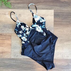Unbranded Floral Black One-Piece Swimsuit Womens Size M/L